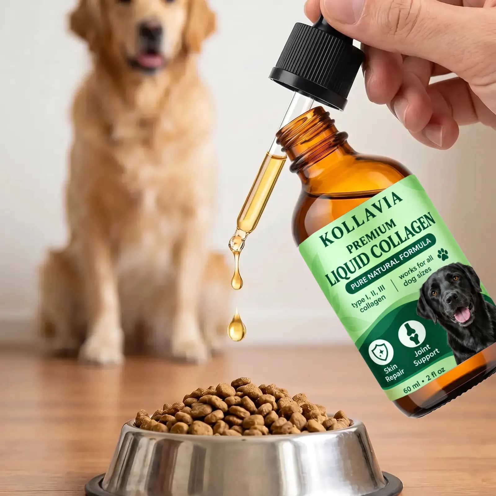 The green Kollavia Premium Liquid Collagen bottle beside a dog’s food bowl