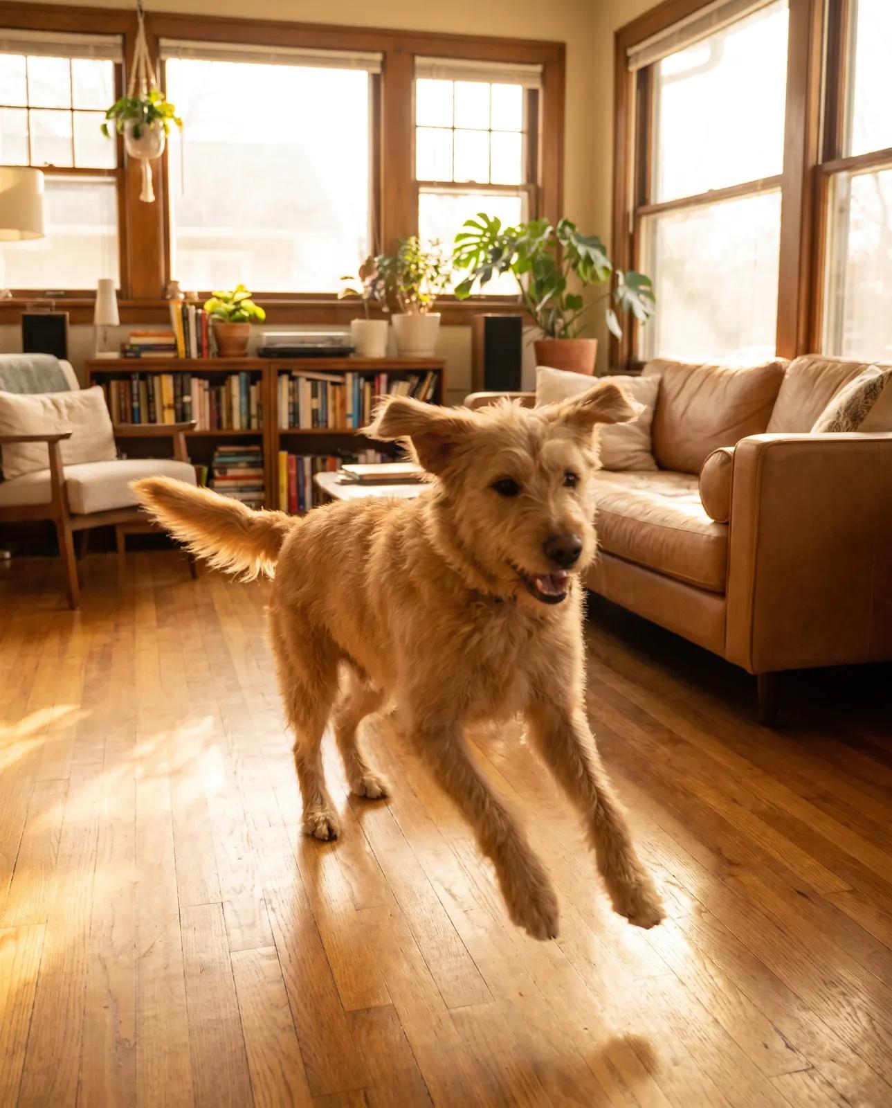 A happy dog running across a sunlit living room