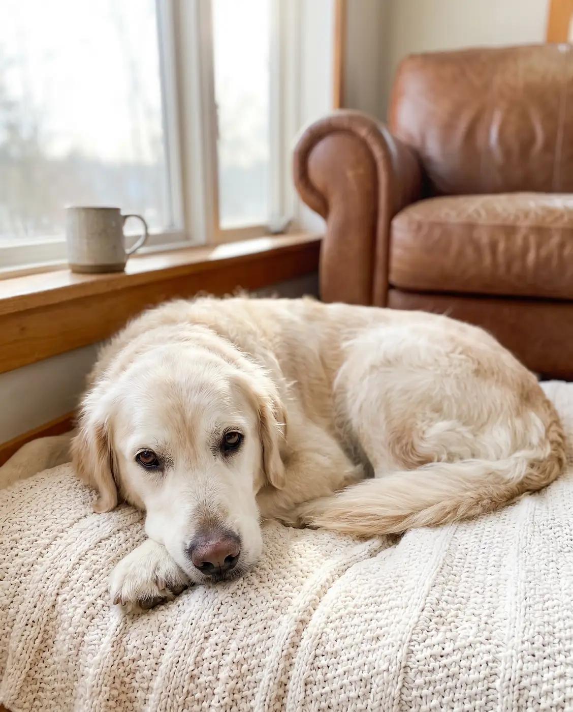 A relaxed senior dog resting comfortably by a window
