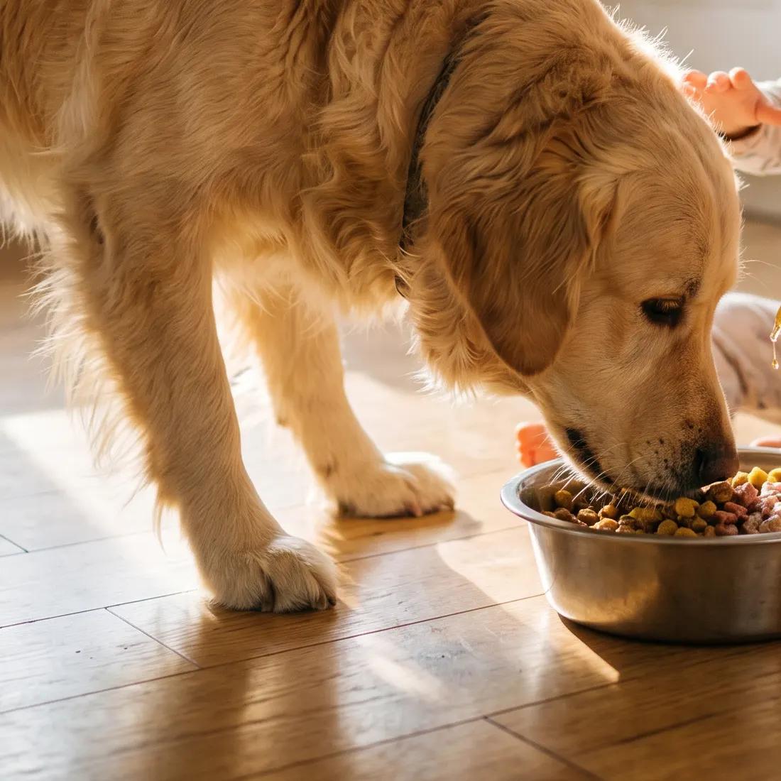 A daily 2 ml dose of Kollavia drizzled from the dropper over a dog's dinner bowl.