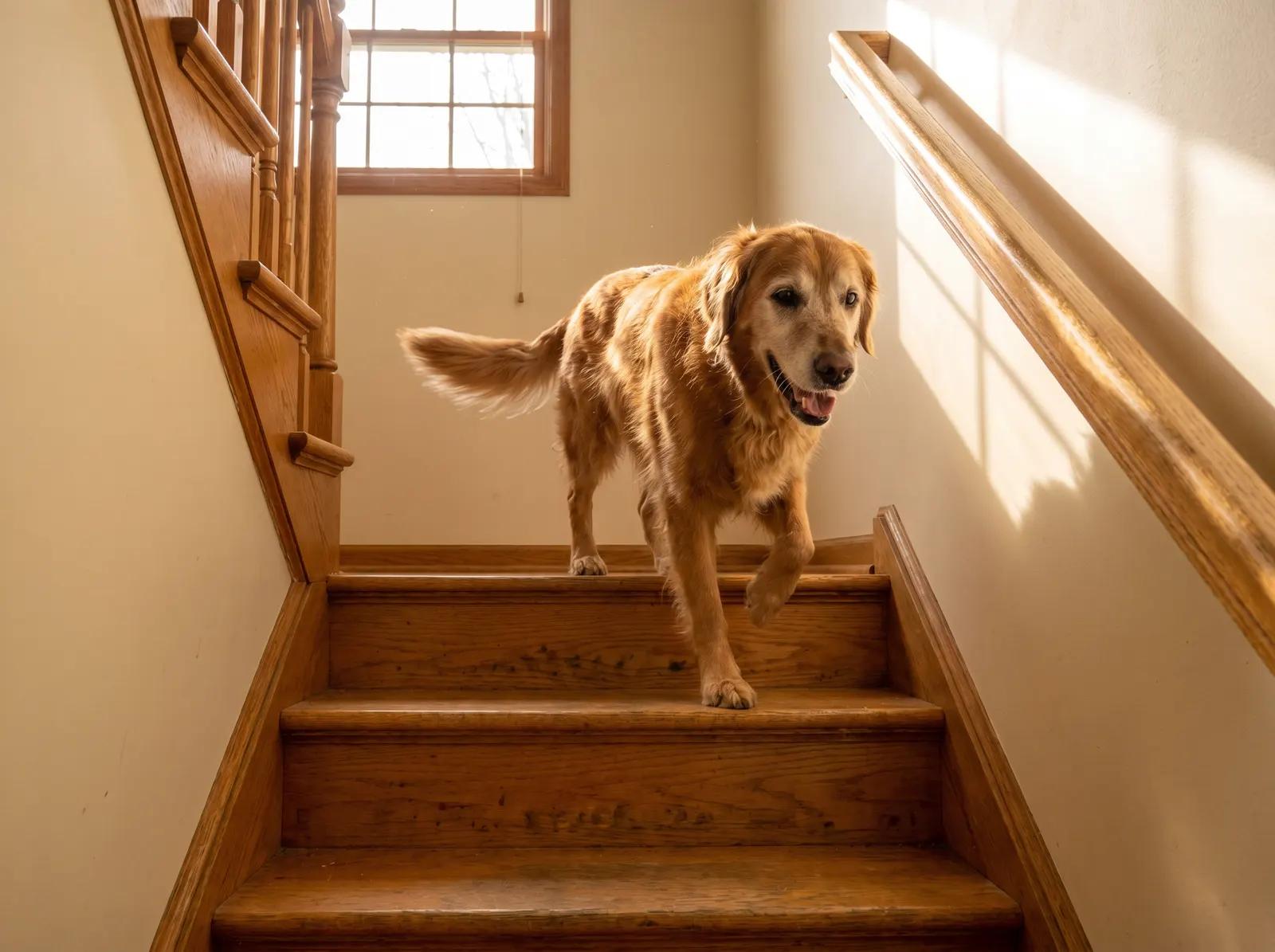 A senior dog taking the stairs on his own, two steps behind his owner.