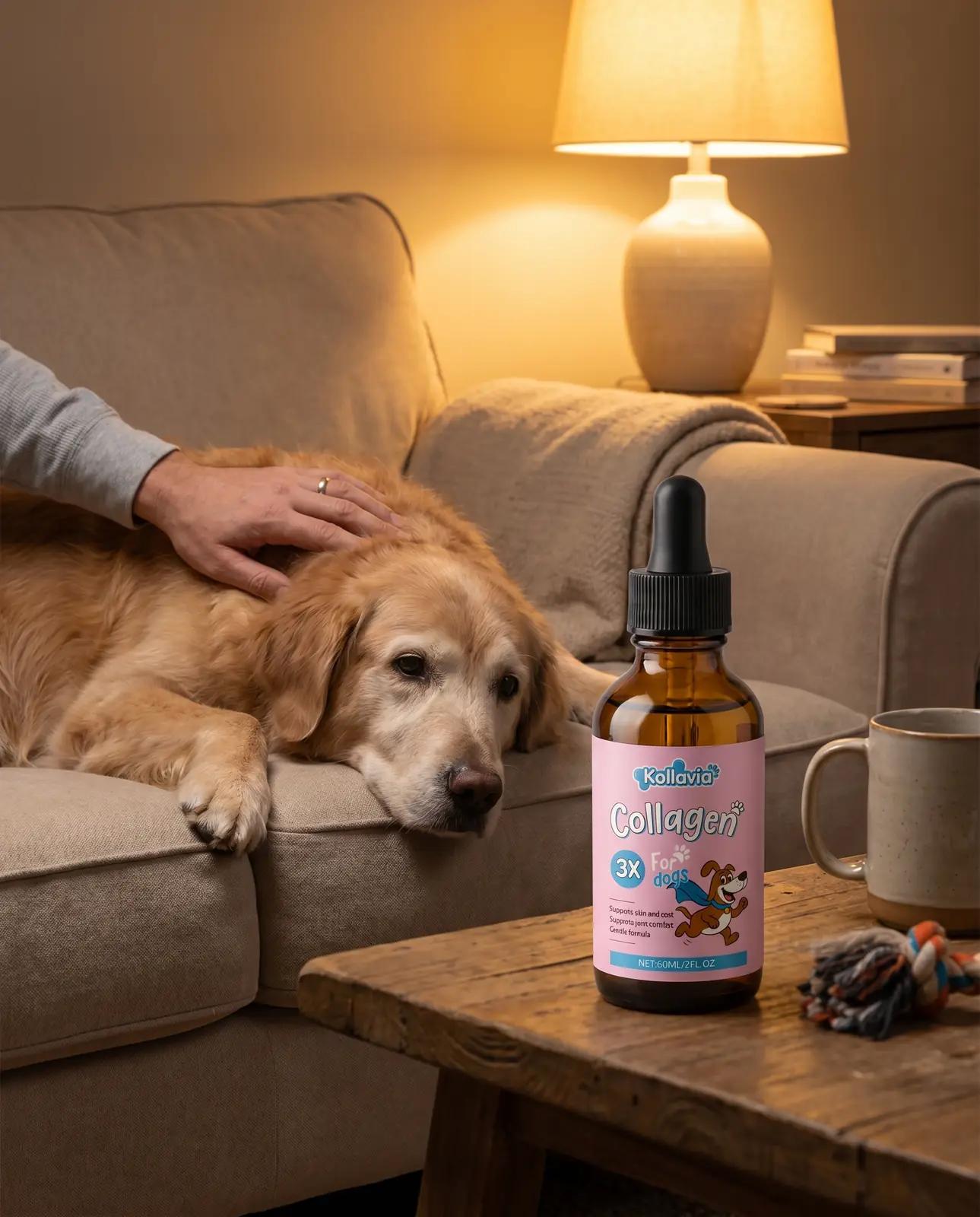 A senior golden retriever asleep against its owner on the couch, the Kollavia bottle on the side table.