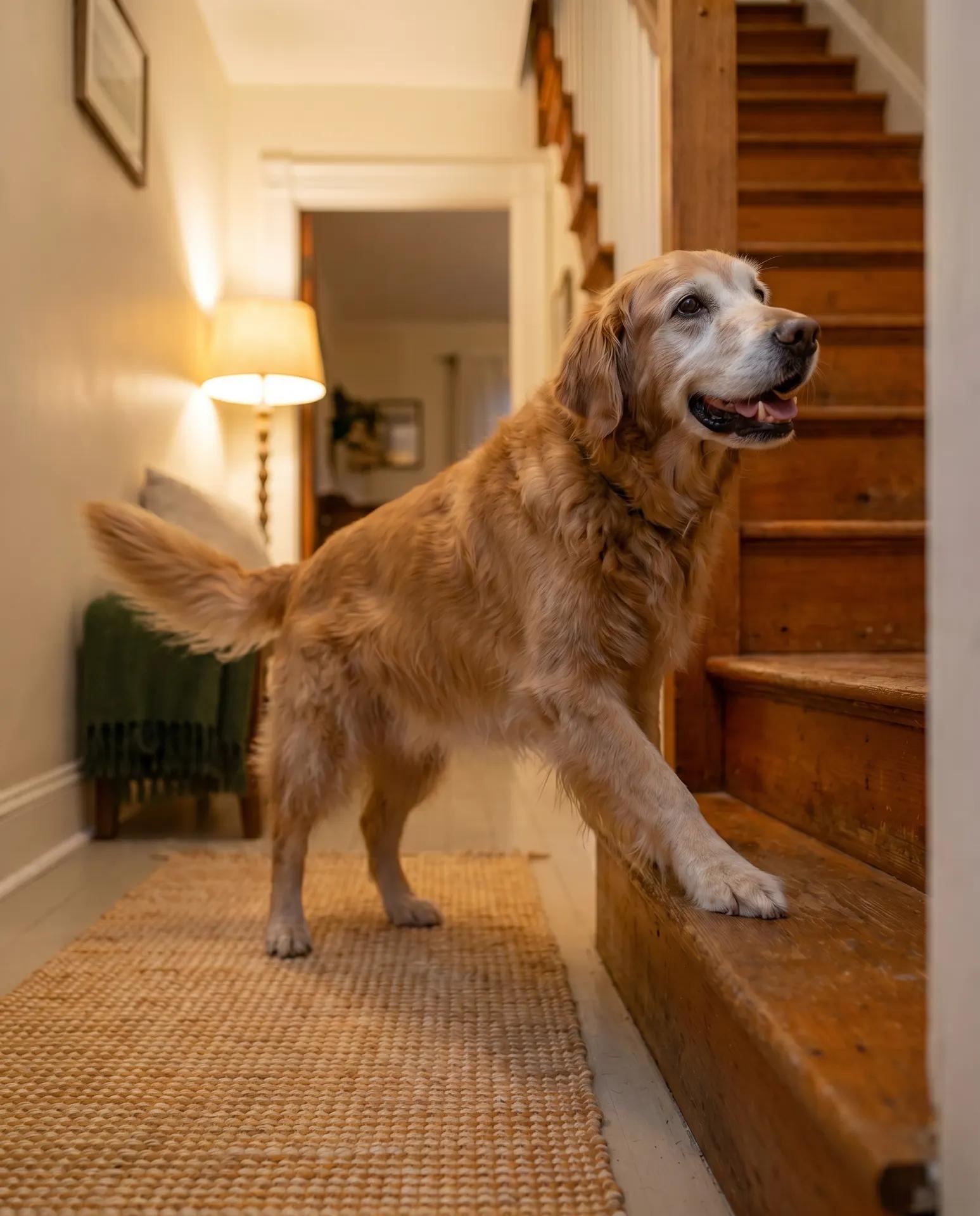 A senior golden retriever climbing a wooden home staircase with easy, confident energy.