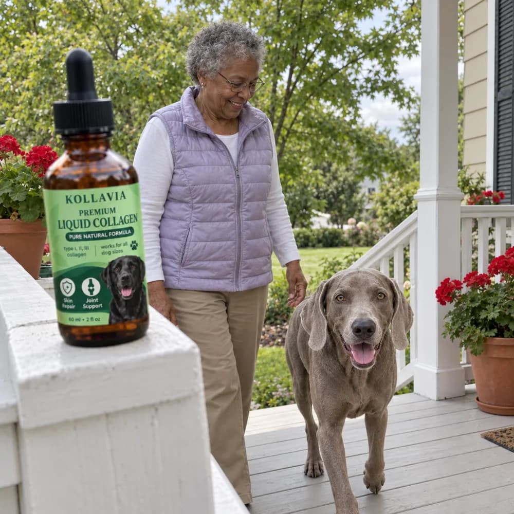 Joan with her dog Duke on the terrace