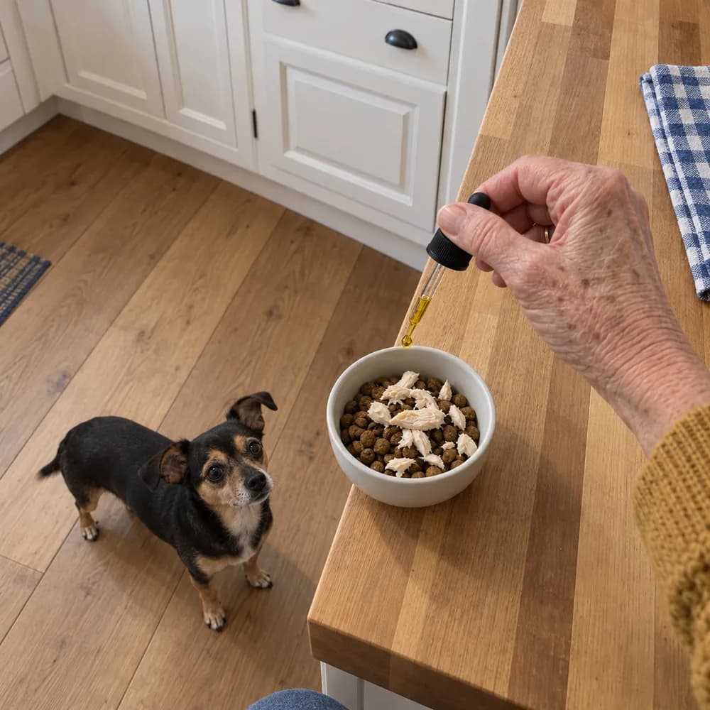 Ruth adding liquid to her dog’s food with a dropper