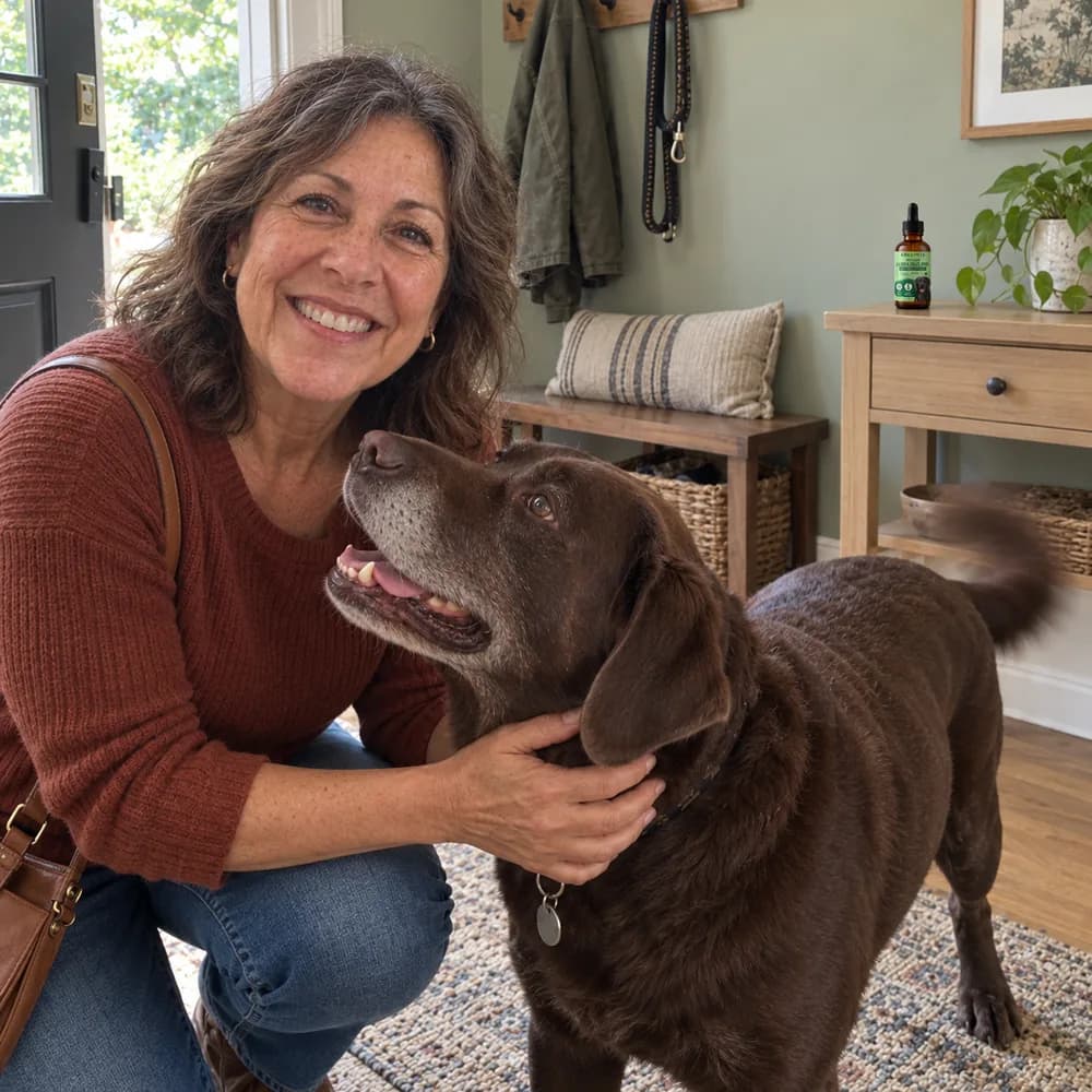 Karen with her Labrador Bodger at home