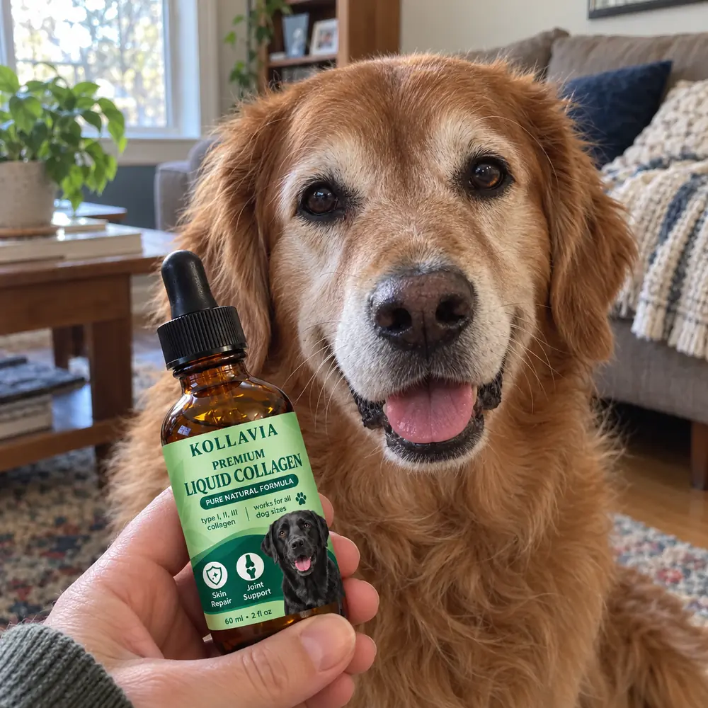 A senior dog beside a bottle of Kollavia liquid collagen